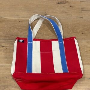 Lands' End Red and Cream Tote with Blue Straps